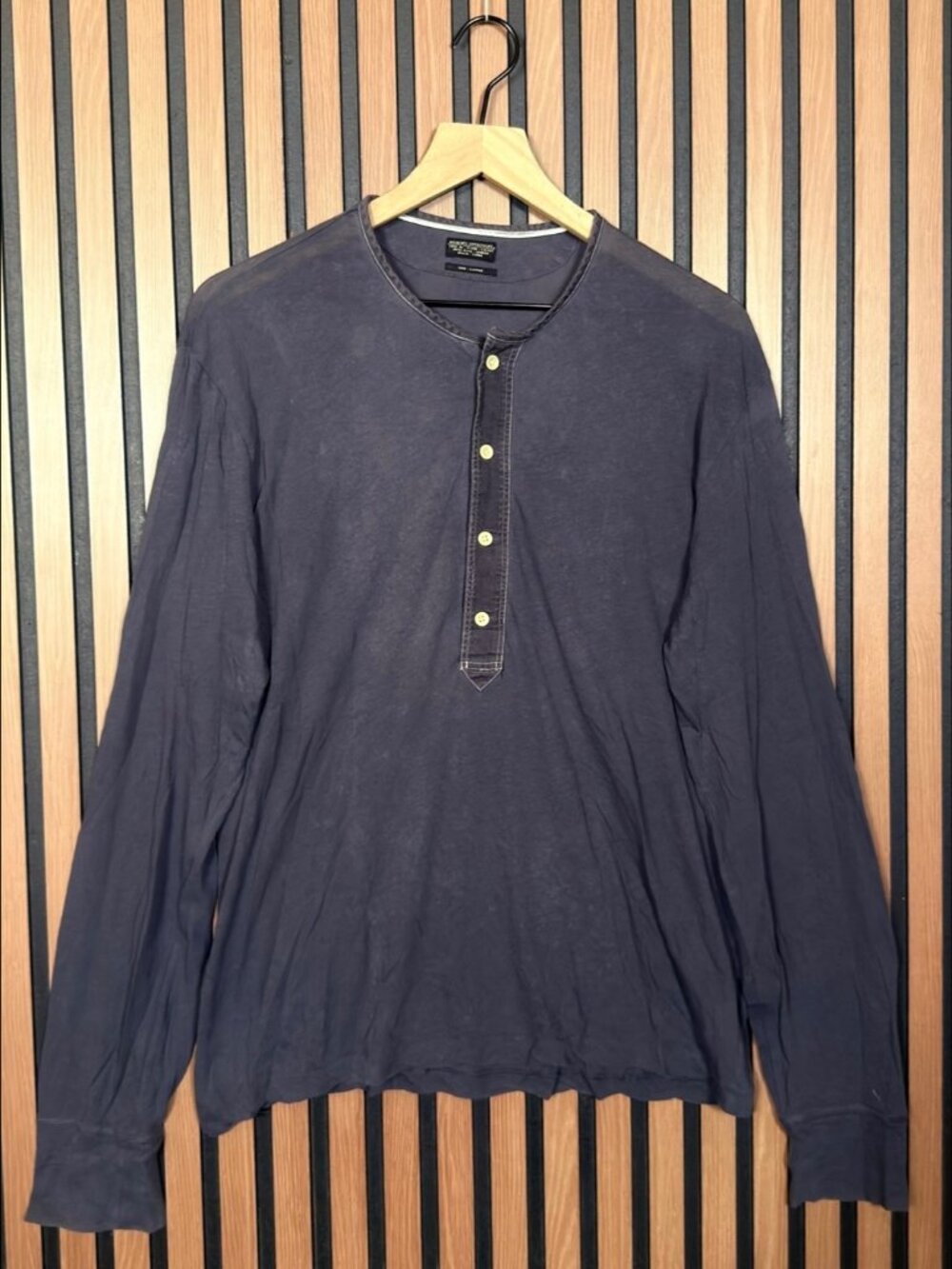 AllSaints Henley Shirt Large Mens Blue Navy Long Sleeve Clark Casual